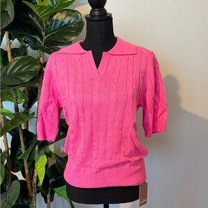 Vibrant Pink V-Neck Cable Knit Sweater